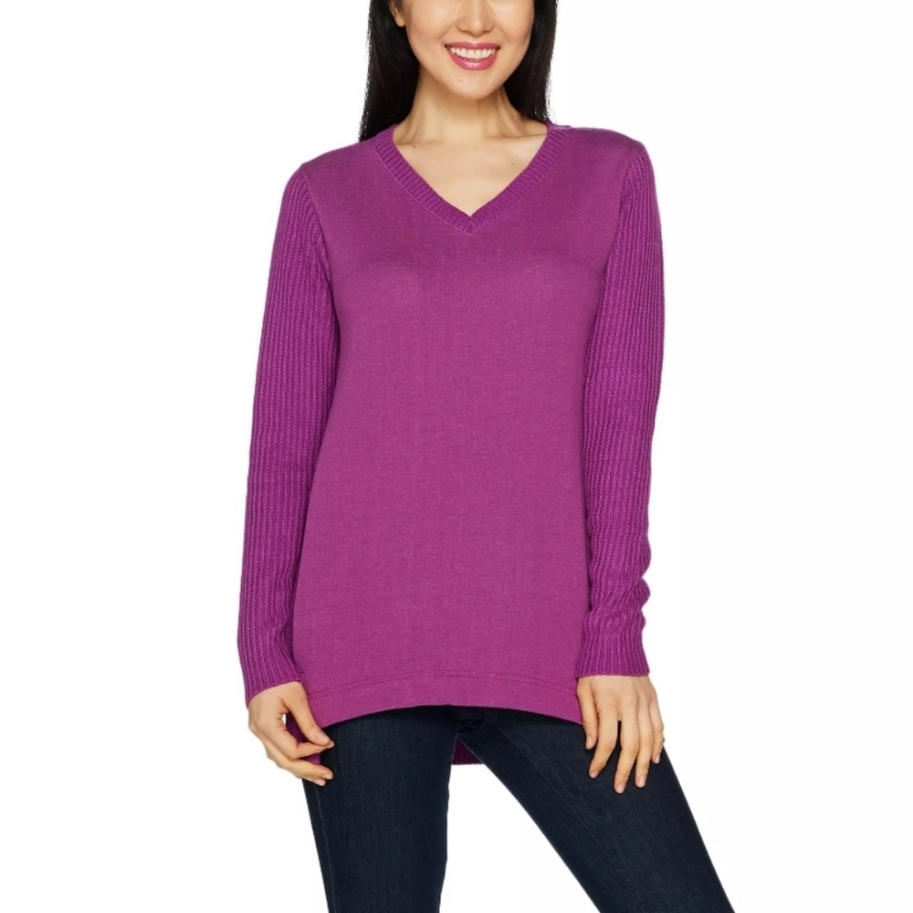 H by HALSTON V Neck French Terry Knit Pullover Sweater Large Purple